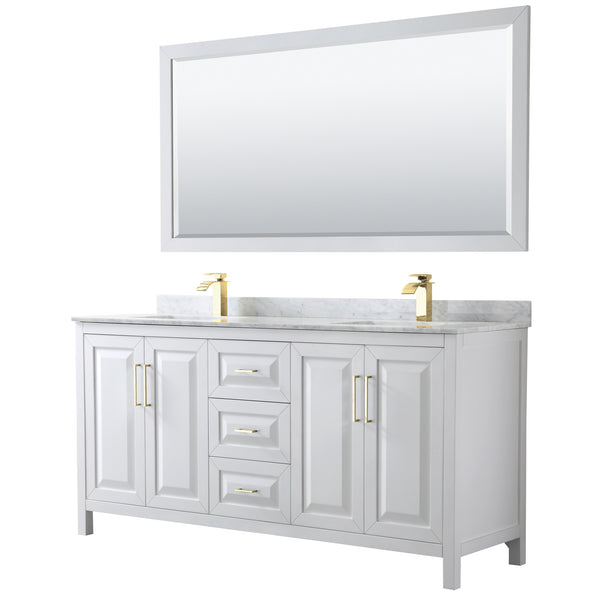 Wyndham Collection Daria 72 Inch Double Bathroom Vanity in White, Marble Countertop, Undermount Square Sinks, 70 Inch Mirror, Brushed Gold Trim - Luxe Bathroom Vanities