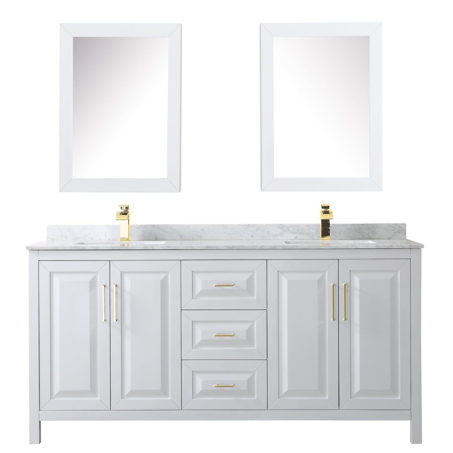 Wyndham Collection Daria 72 Inch Double Bathroom Vanity in White, Marble Countertop, Undermount Square Sinks, Medicine Cabinets, Brushed Gold Trim - Luxe Bathroom Vanities