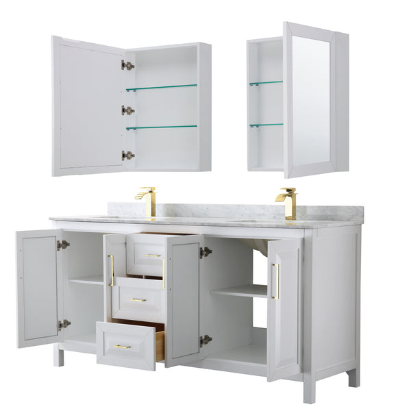 Wyndham Collection Daria 72 Inch Double Bathroom Vanity in White, Marble Countertop, Undermount Square Sinks, Medicine Cabinets, Brushed Gold Trim - Luxe Bathroom Vanities