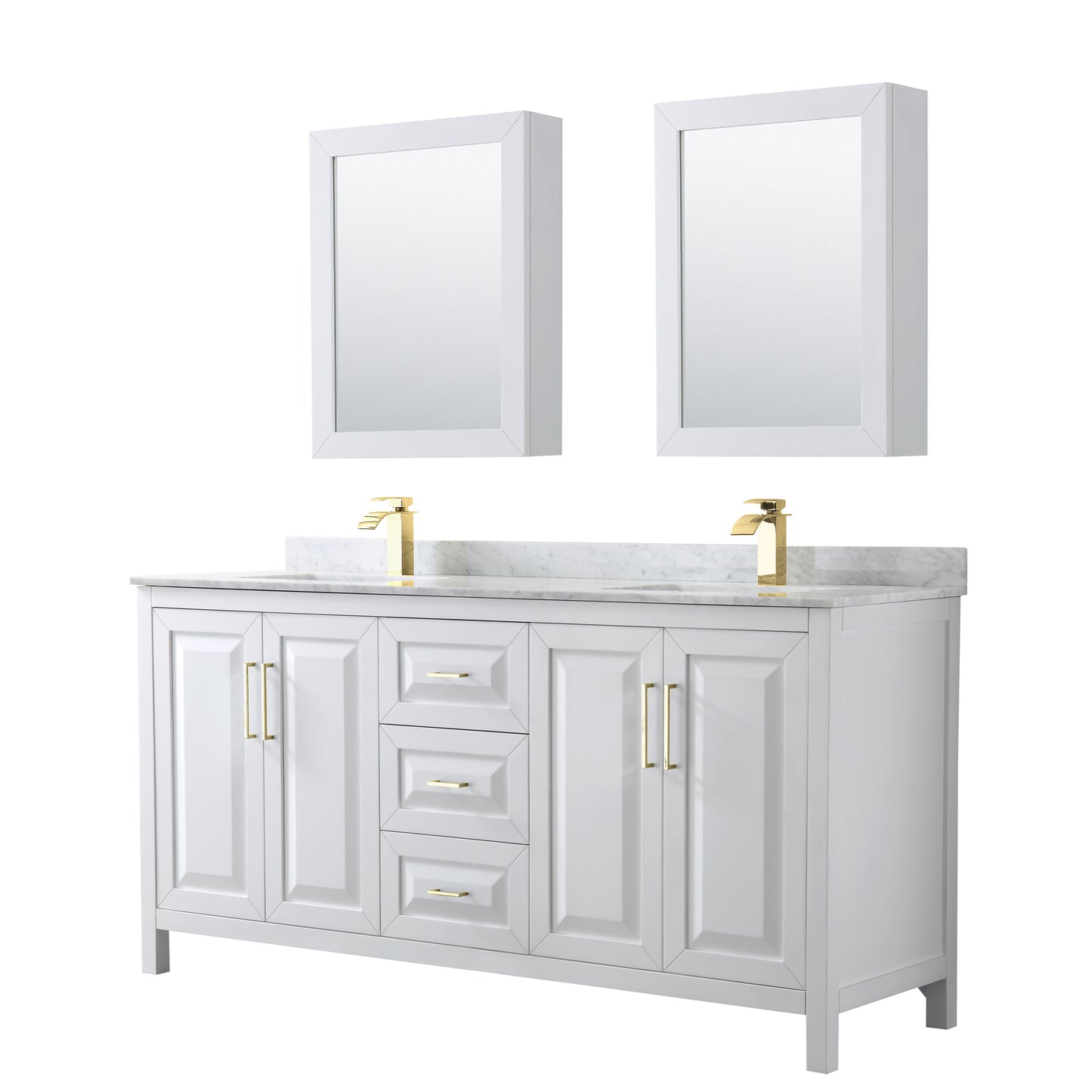 Wyndham Collection Daria 72 Inch Double Bathroom Vanity in White, Marble Countertop, Undermount Square Sinks, Medicine Cabinets, Brushed Gold Trim - Luxe Bathroom Vanities