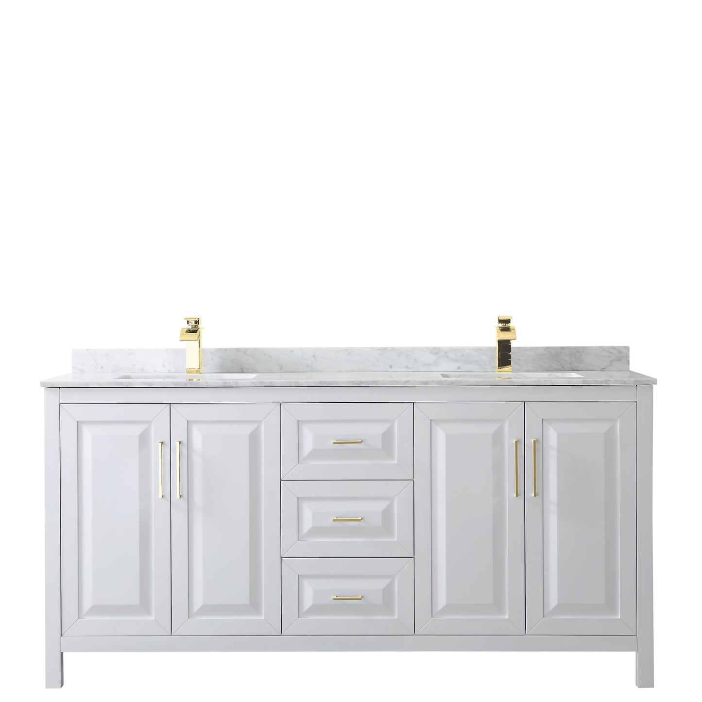 Wyndham Collection Daria 72 Inch Double Bathroom Vanity in White, Marble Countertop, Undermount Square Sinks, Brushed Gold Trim - Luxe Bathroom Vanities