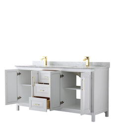 Wyndham Collection Daria 72 Inch Double Bathroom Vanity in White, Marble Countertop, Undermount Square Sinks, Brushed Gold Trim - Luxe Bathroom Vanities