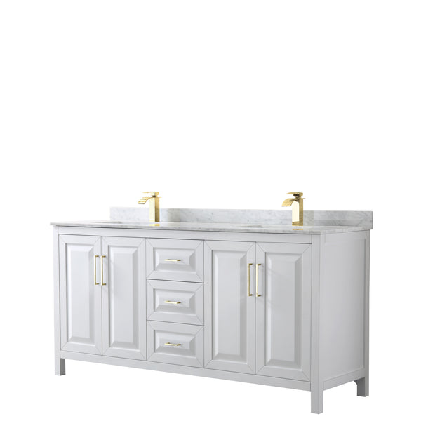 Wyndham Collection Daria 72 Inch Double Bathroom Vanity in White, Marble Countertop, Undermount Square Sinks, Brushed Gold Trim - Luxe Bathroom Vanities