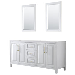 Wyndham Collection Daria 72 Inch Double Bathroom Vanity in White, No Countertop, No Sink, 24 Inch Mirrors, Brushed Gold Trim - Luxe Bathroom Vanities