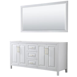 Wyndham Collection Daria 72 Inch Double Bathroom Vanity in White, No Countertop, No Sink, 70 Inch Mirror, Brushed Gold Trim - Luxe Bathroom Vanities