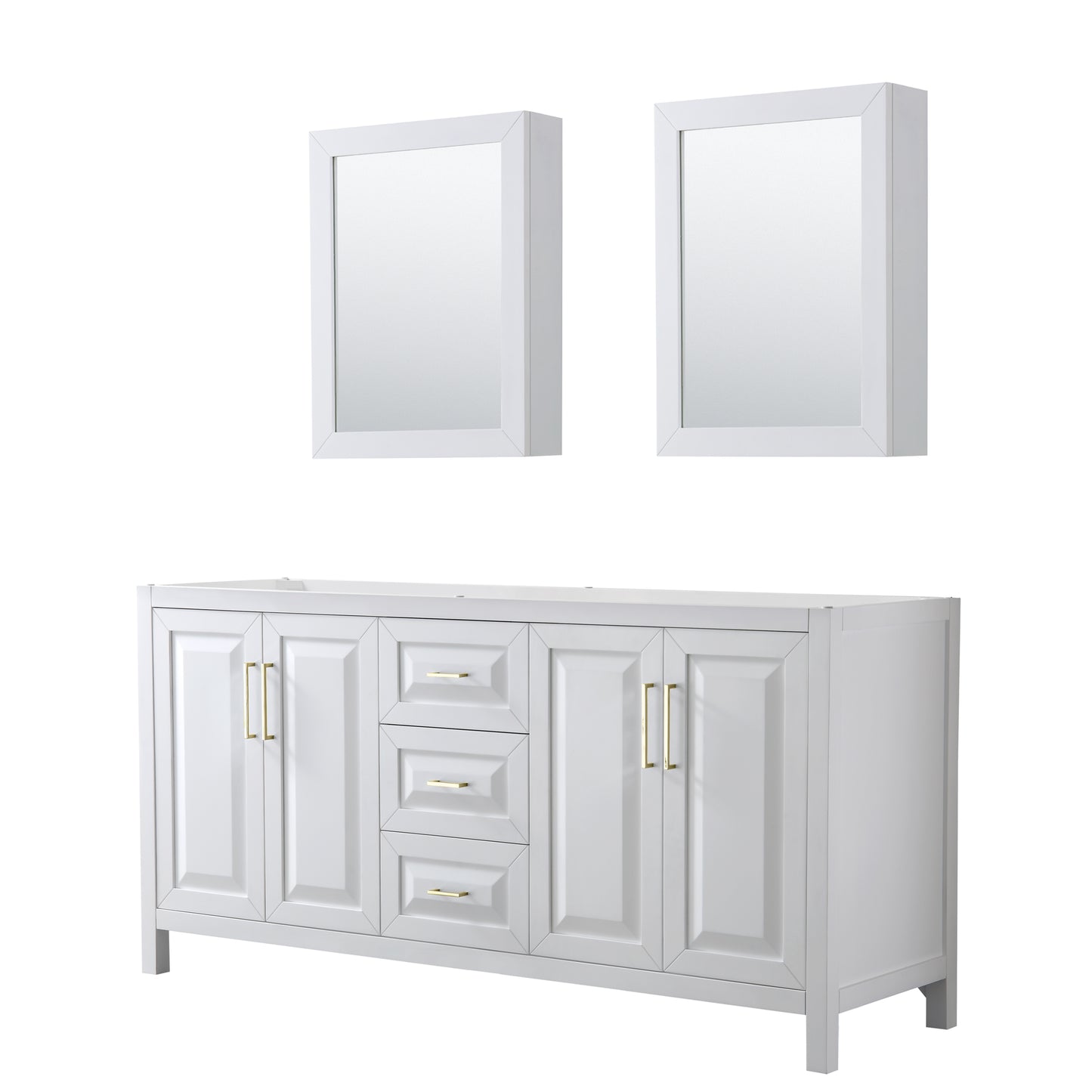 Wyndham Collection Daria 72 Inch Double Bathroom Vanity in White, No Countertop, No Sink, Medicine Cabinets, Brushed Gold Trim - Luxe Bathroom Vanities