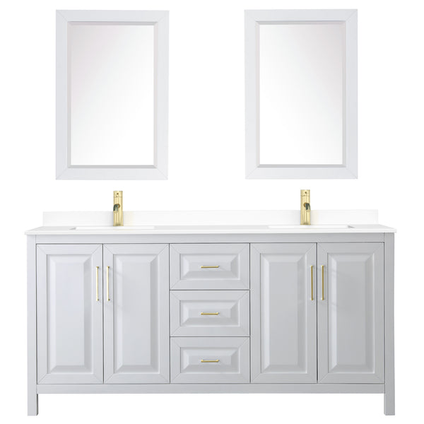 Wyndham Collection Daria 72 Inch Double Bathroom Vanity in White, Marble Countertop, Undermount Square Sinks, 24 Inch Mirrors, Brushed Gold Trim - Luxe Bathroom Vanities