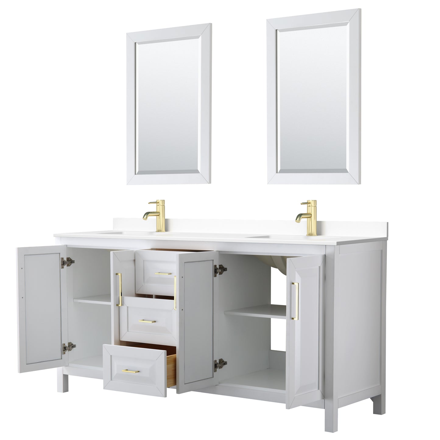Wyndham Collection Daria 72 Inch Double Bathroom Vanity in White, Marble Countertop, Undermount Square Sinks, 24 Inch Mirrors, Brushed Gold Trim - Luxe Bathroom Vanities