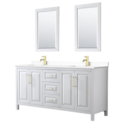 Wyndham Collection Daria 72 Inch Double Bathroom Vanity in White, Marble Countertop, Undermount Square Sinks, 24 Inch Mirrors, Brushed Gold Trim - Luxe Bathroom Vanities