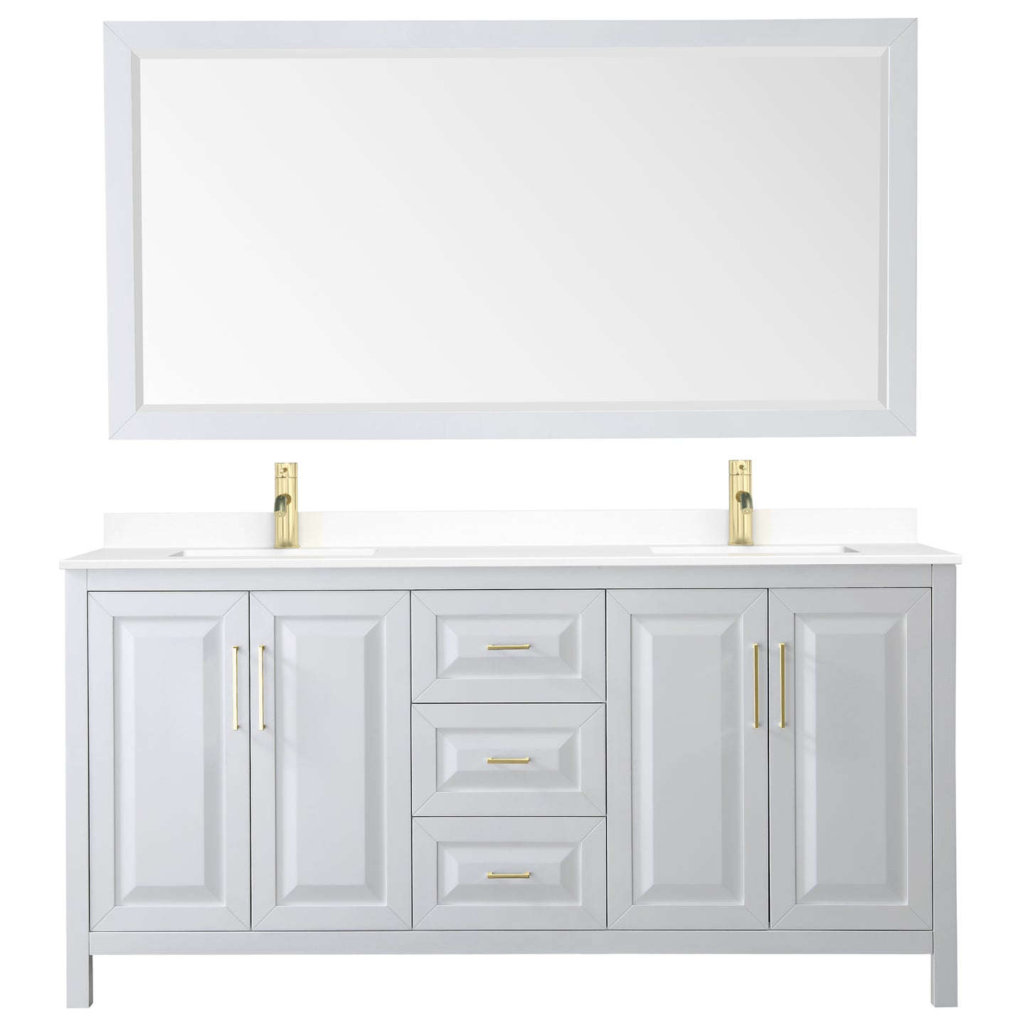 Wyndham Collection Daria 72 Inch Double Bathroom Vanity in White, Marble Countertop, Undermount Square Sinks, 70 Inch Mirror, Brushed Gold Trim - Luxe Bathroom Vanities