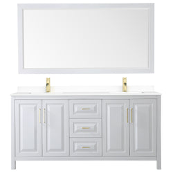 Wyndham Collection Daria 72 Inch Double Bathroom Vanity in White, Marble Countertop, Undermount Square Sinks, 70 Inch Mirror, Brushed Gold Trim - Luxe Bathroom Vanities