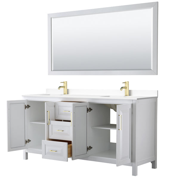 Wyndham Collection Daria 72 Inch Double Bathroom Vanity in White, Marble Countertop, Undermount Square Sinks, 70 Inch Mirror, Brushed Gold Trim - Luxe Bathroom Vanities