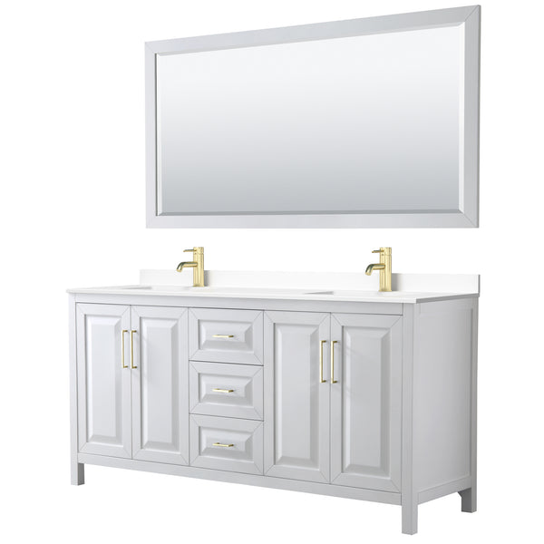 Wyndham Collection Daria 72 Inch Double Bathroom Vanity in White, Marble Countertop, Undermount Square Sinks, 70 Inch Mirror, Brushed Gold Trim - Luxe Bathroom Vanities