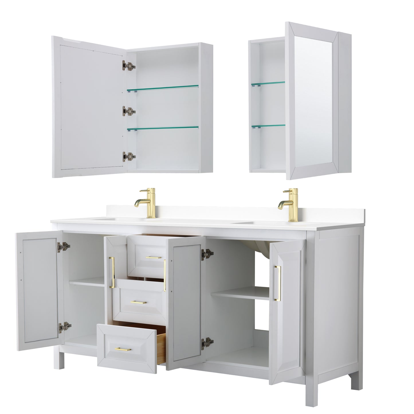 Wyndham Collection Daria 72 Inch Double Bathroom Vanity in White, Marble Countertop, Undermount Square Sinks, Medicine Cabinets, Brushed Gold Trim - Luxe Bathroom Vanities