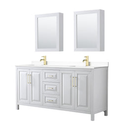 Wyndham Collection Daria 72 Inch Double Bathroom Vanity in White, Marble Countertop, Undermount Square Sinks, Medicine Cabinets, Brushed Gold Trim - Luxe Bathroom Vanities