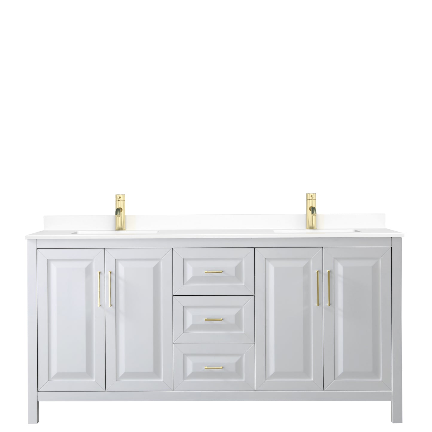 Wyndham Collection Daria 72 Inch Double Bathroom Vanity in White, Marble Countertop, Undermount Square Sinks, Brushed Gold Trim - Luxe Bathroom Vanities