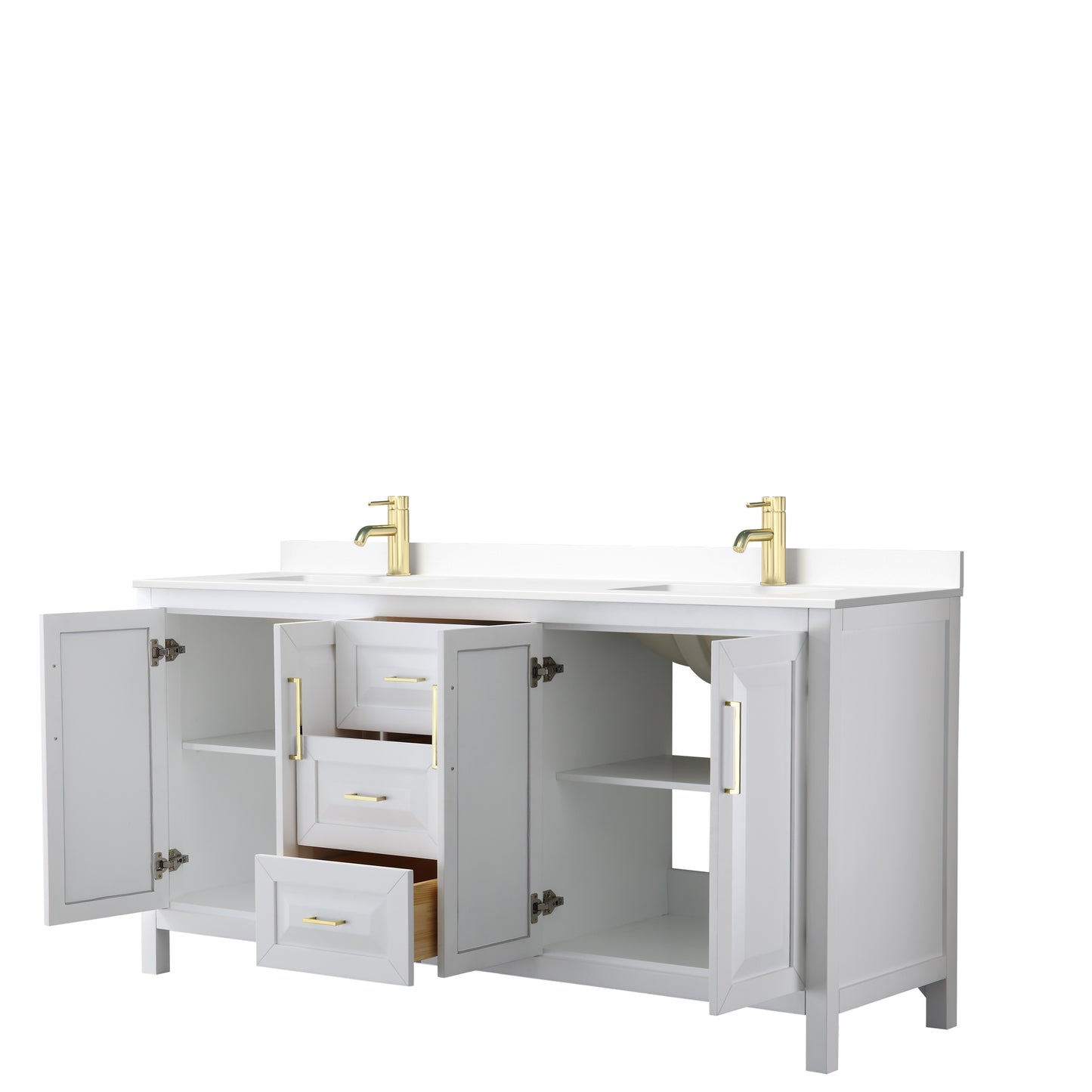 Wyndham Collection Daria 72 Inch Double Bathroom Vanity in White, Marble Countertop, Undermount Square Sinks, Brushed Gold Trim - Luxe Bathroom Vanities