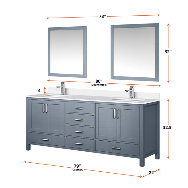 Lexora Collection Jacques 80 inch Double Bath Vanity, Top, and 30 inch Mirrors - Luxe Bathroom Vanities
