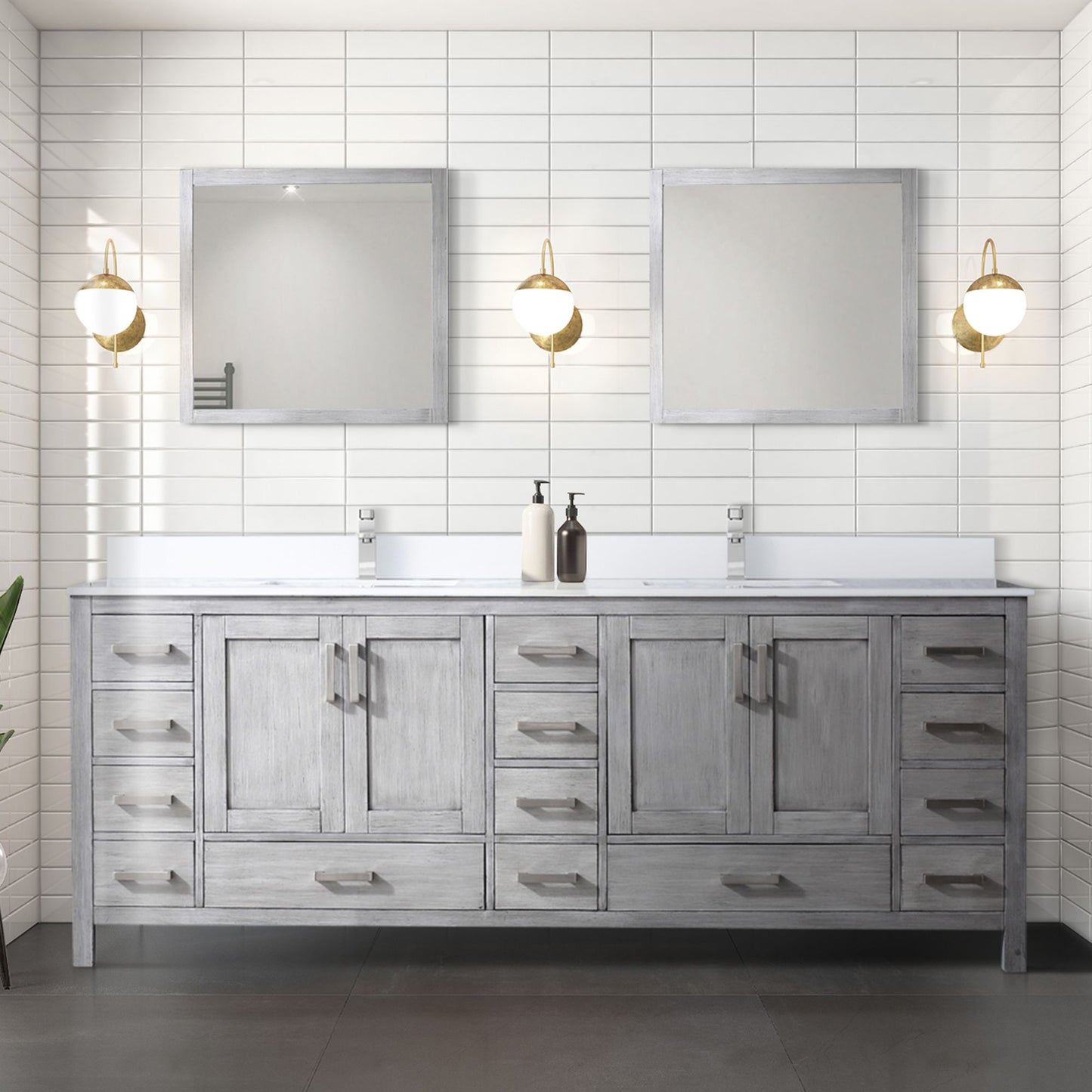 Lexora Collection Jacques 84 inch Double Bath Vanity, White Quartz Top, and Faucet Set - Luxe Bathroom Vanities