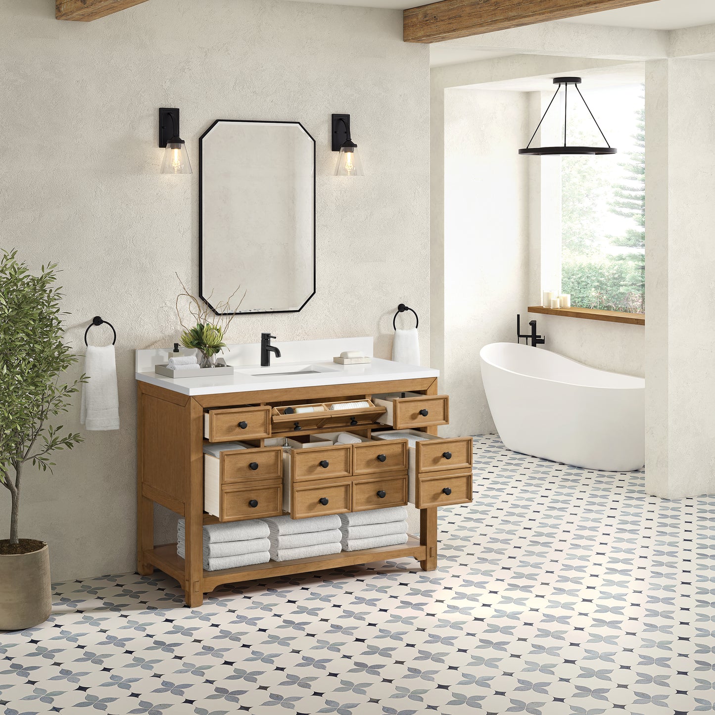 James Martin Malibu 48" Single Vanity, Amber Birch w/ Single Hole 3 CM White Zeus Quartz Top & Backsplash - Luxe Bathroom Vanities