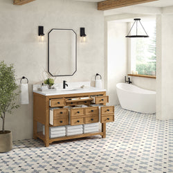James Martin Malibu 48" Single Vanity, Amber Birch w/ Single Hole 3 CM White Zeus Quartz Top & Backsplash - Luxe Bathroom Vanities