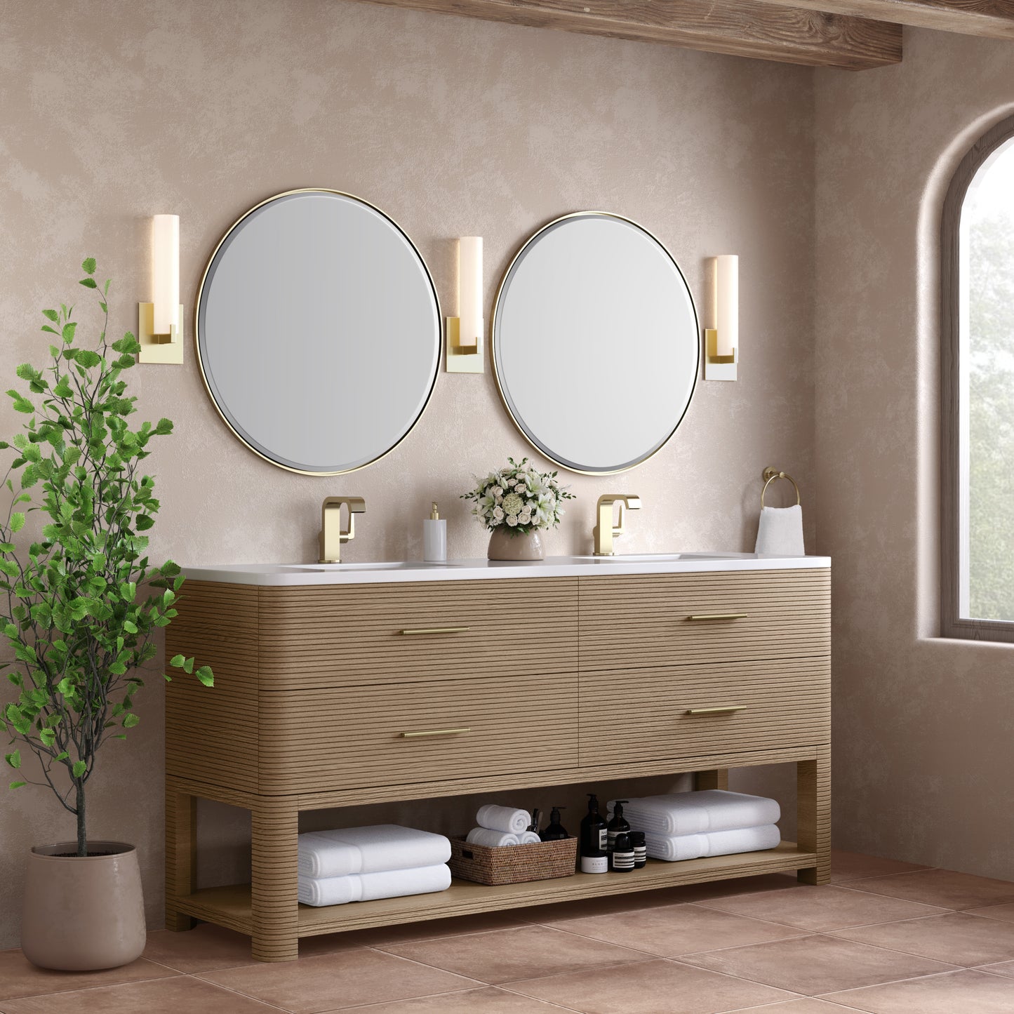 James Martin Lucian 72" Double Vanity, Pebble Oak w/ 3 CM Top - Luxe Bathroom Vanities