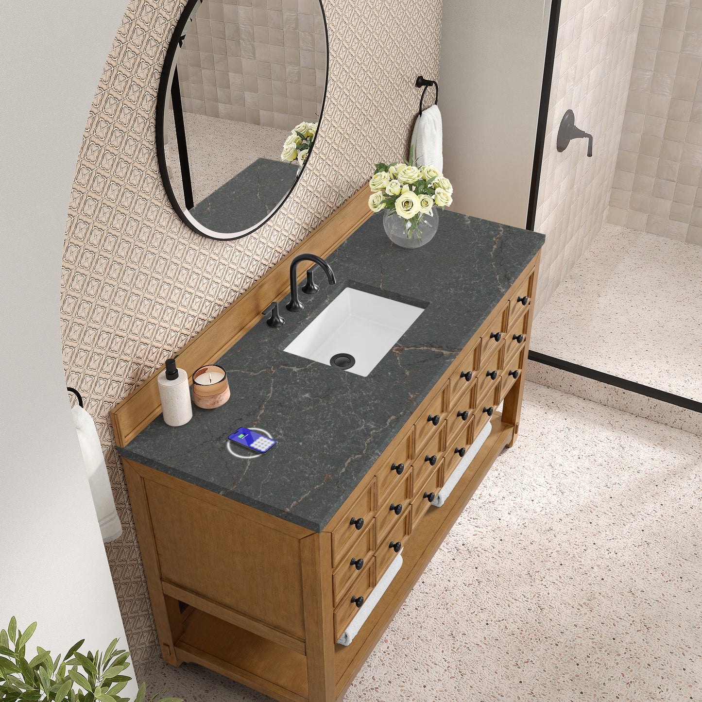 James Martin Malibu 60" Single Vanity, Amber Birch with 3 CM Countertop & FreePower Wireless Charger