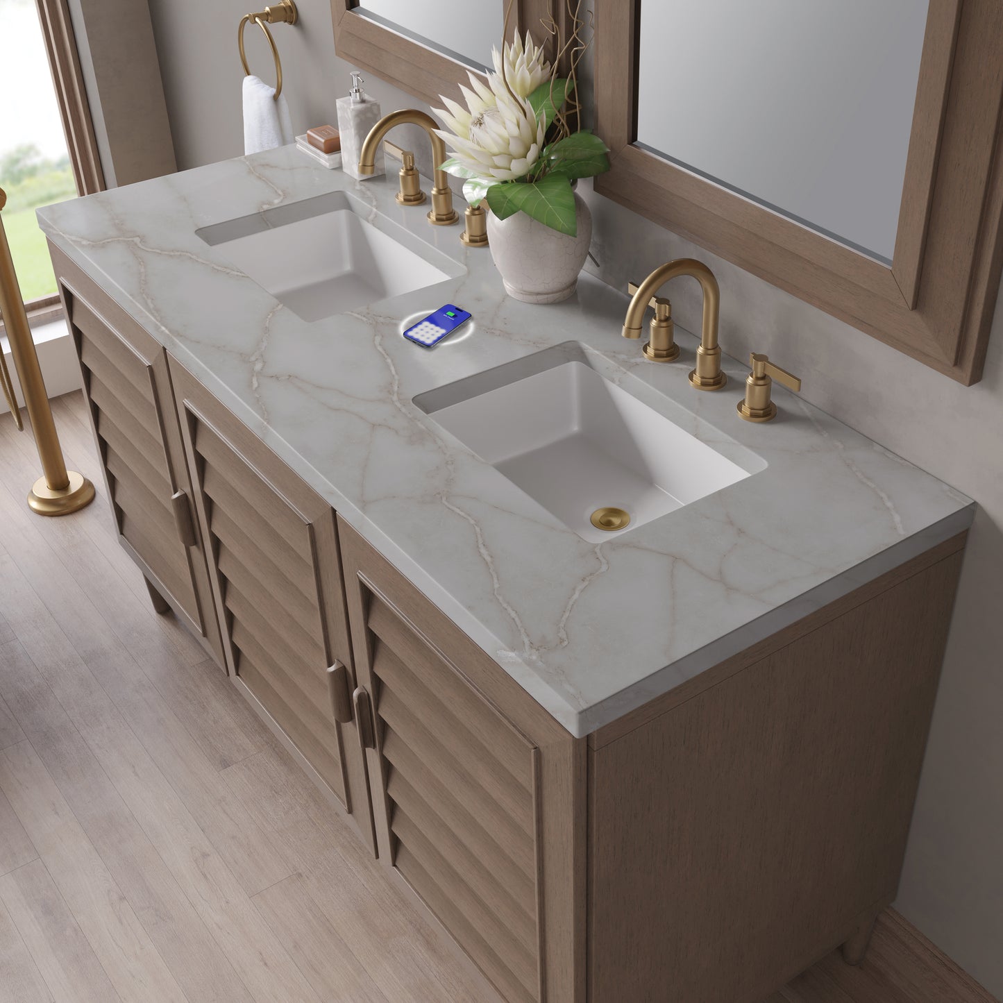 James Martin Portland 60" Double Vanity Whitewashed Walnut with 3 CM Countertop & FreePower Wireless Charger