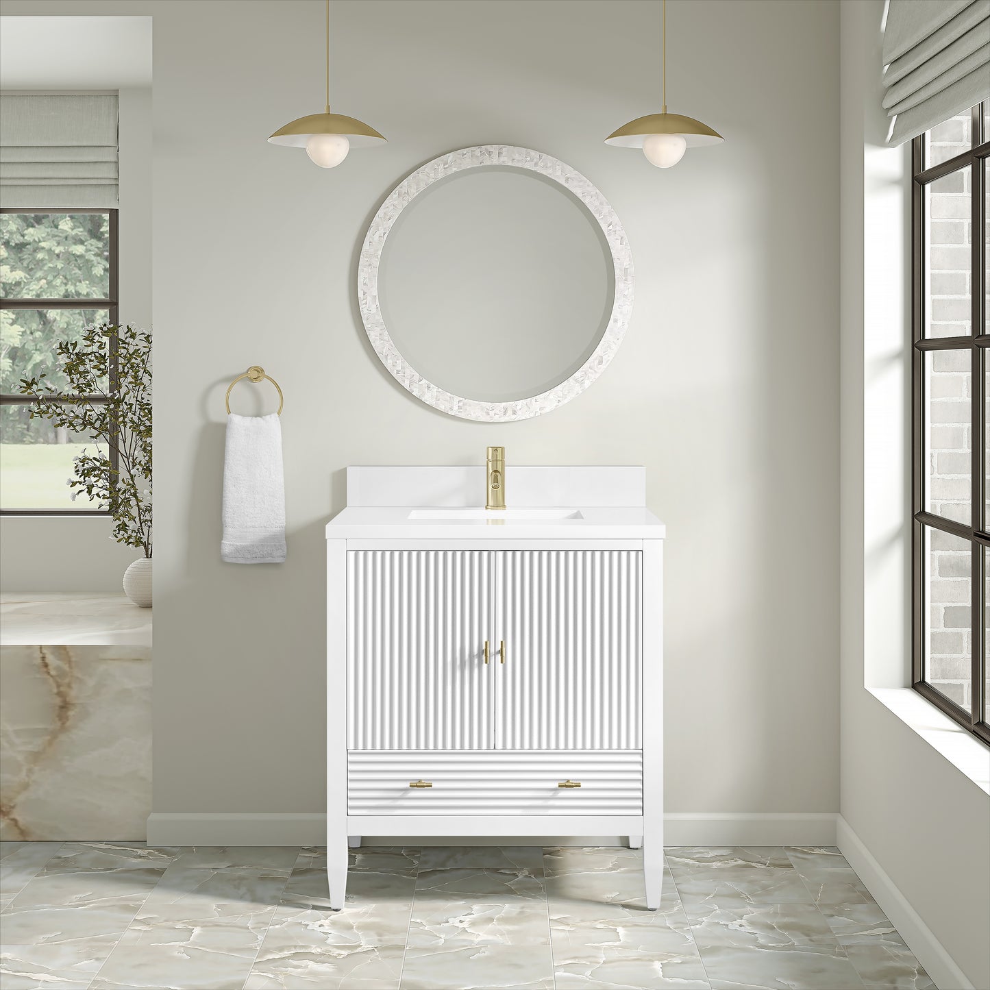 James Martin Myrrin 30" Single Vanity with Single Hole 3 CM White Zeus Silestone Top and Matching Backsplash