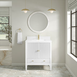 James Martin Myrrin 30" Single Vanity with Single Hole 3 CM White Zeus Silestone Top and Matching Backsplash