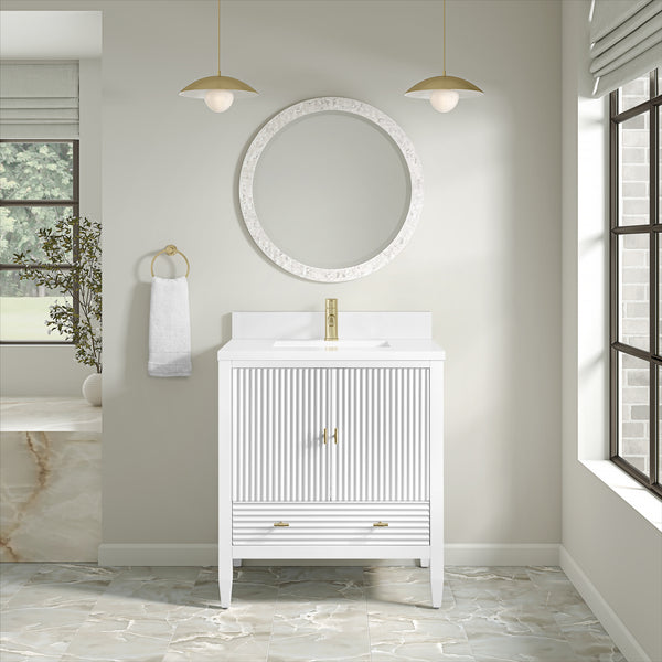 James Martin Myrrin 30" Single Vanity with Single Hole 3 CM White Zeus Silestone Top and Matching Backsplash