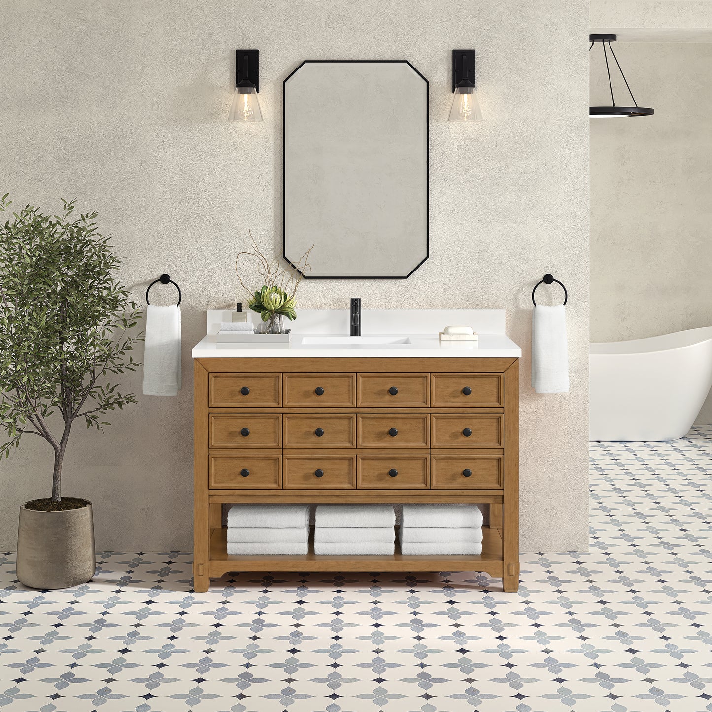 James Martin Malibu 48" Single Vanity, Amber Birch w/ Single Hole 3 CM White Zeus Quartz Top & Backsplash - Luxe Bathroom Vanities