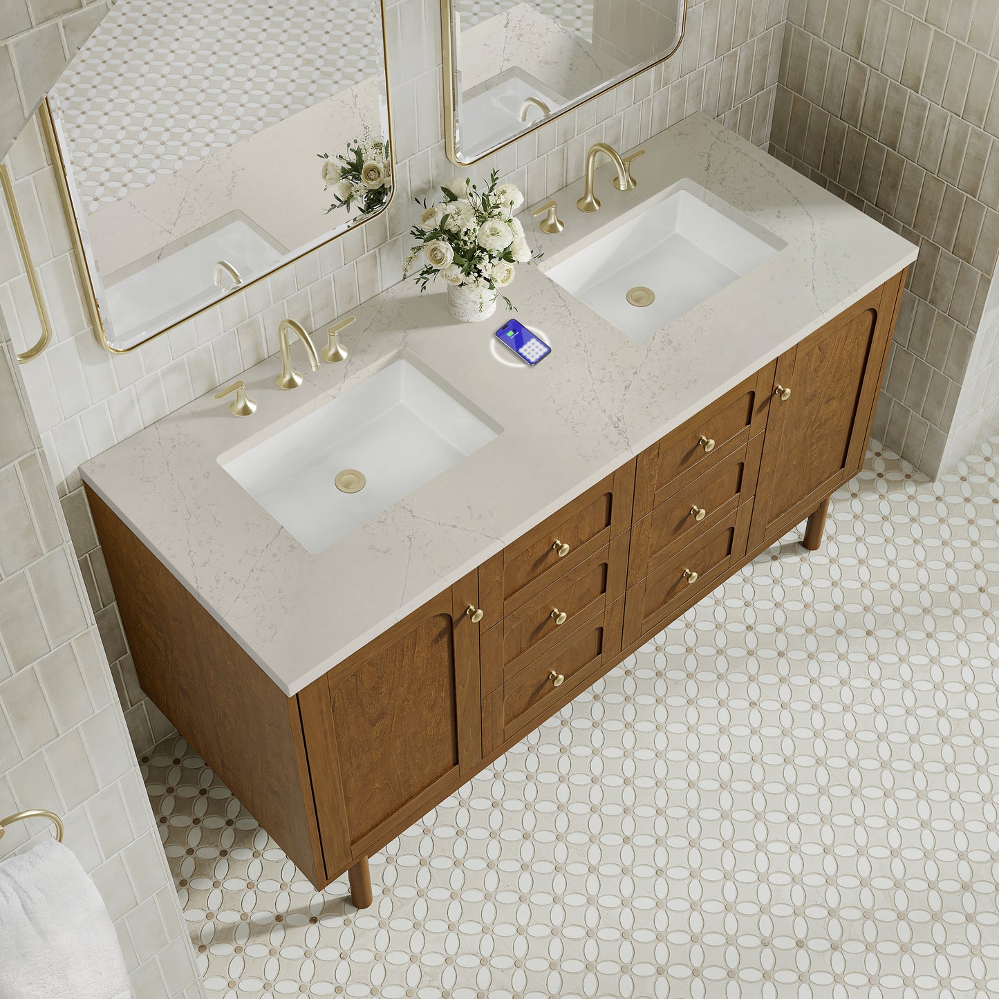 James Martin Laurent 60" Double Vanity with 3 CM Countertop & FreePower Wireless Charger