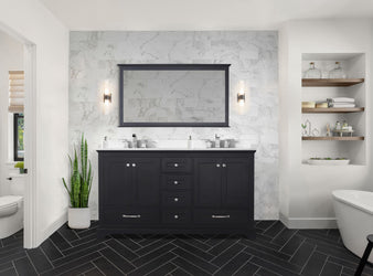 Lexora Collection Dukes 60 inch Double Bath Vanity, White Quartz Top, Faucet Set, and 58 inch Mirror - Luxe Bathroom Vanities