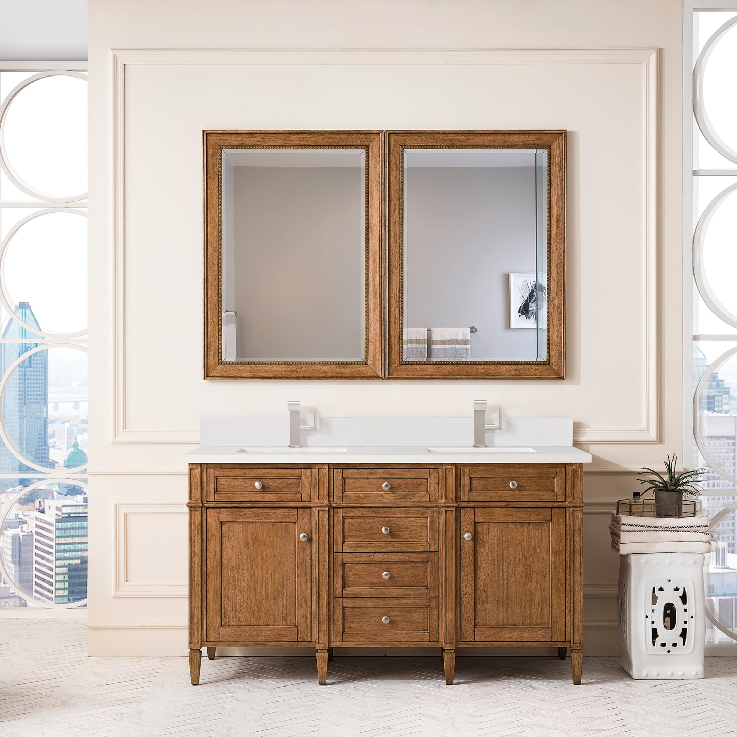 James Martin Brittany 60" Double Vanity with Single Hole 3 CM White Zeus Silestone Top & Backsplash