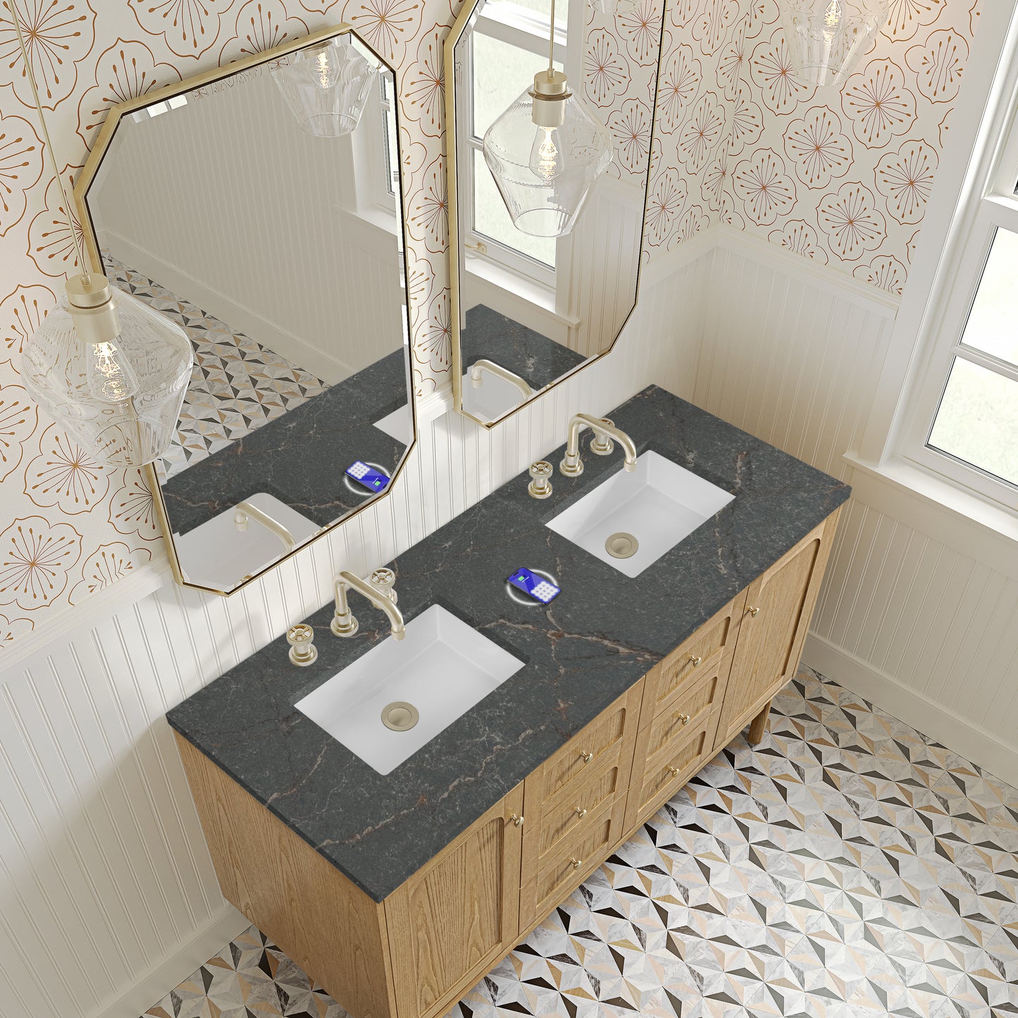 James Martin Laurent 60" Double Vanity with 3 CM Countertop & FreePower Wireless Charger