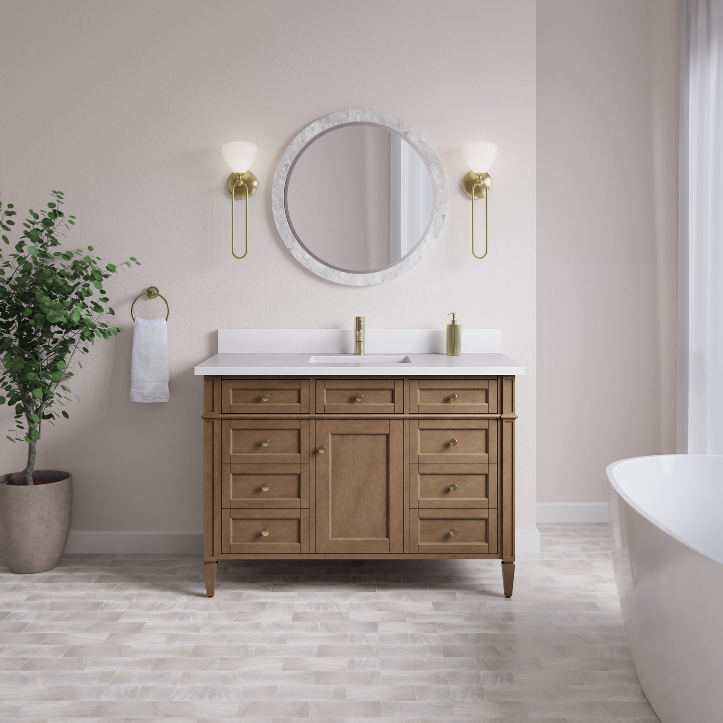James Martin Brittany 48" Single Vanity with Single Hole 3 CM White Zeus Quartz Top & Backsplash