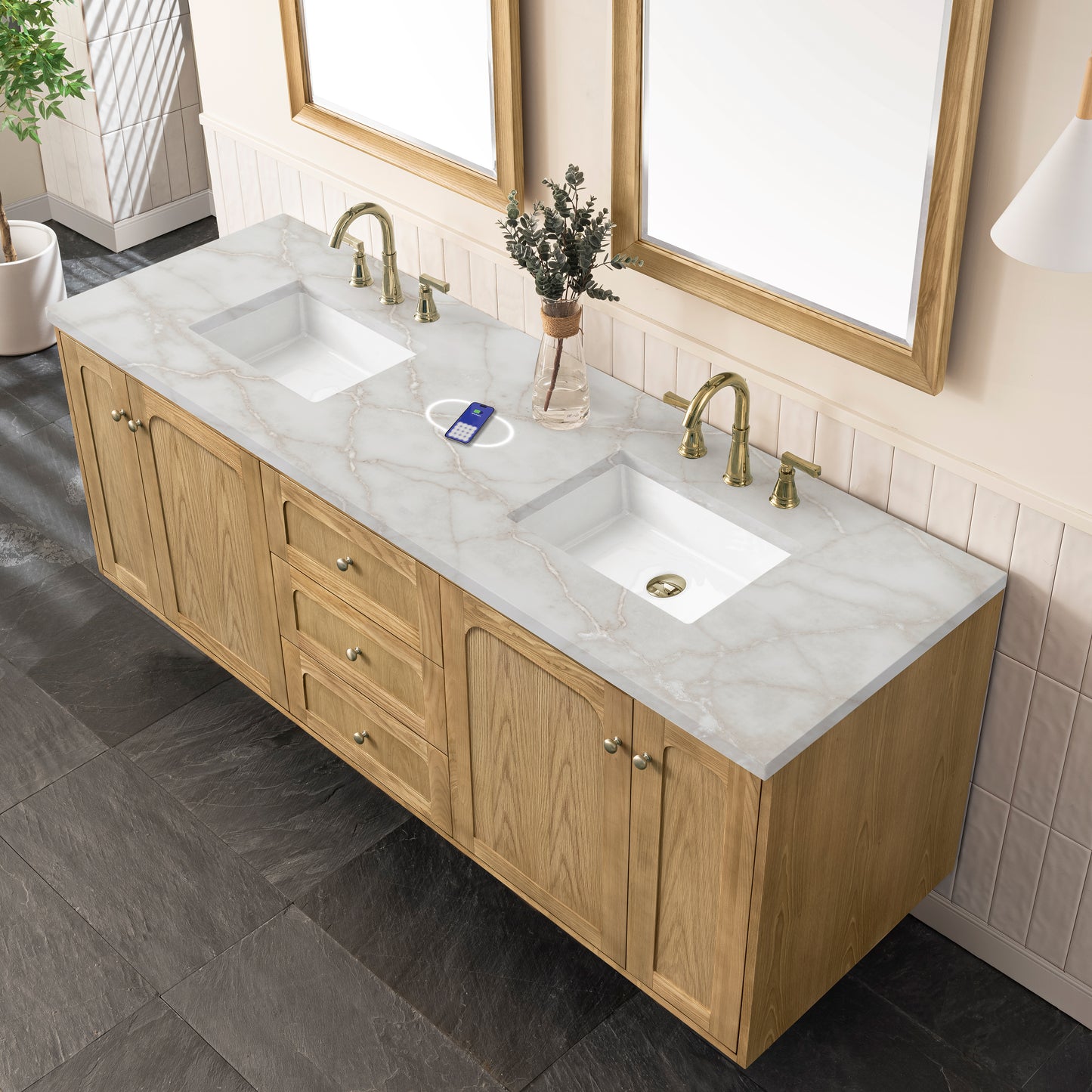 James Martin Laurent 72" Double Vanity with 3 CM Countertop & FreePower Wireless Charger