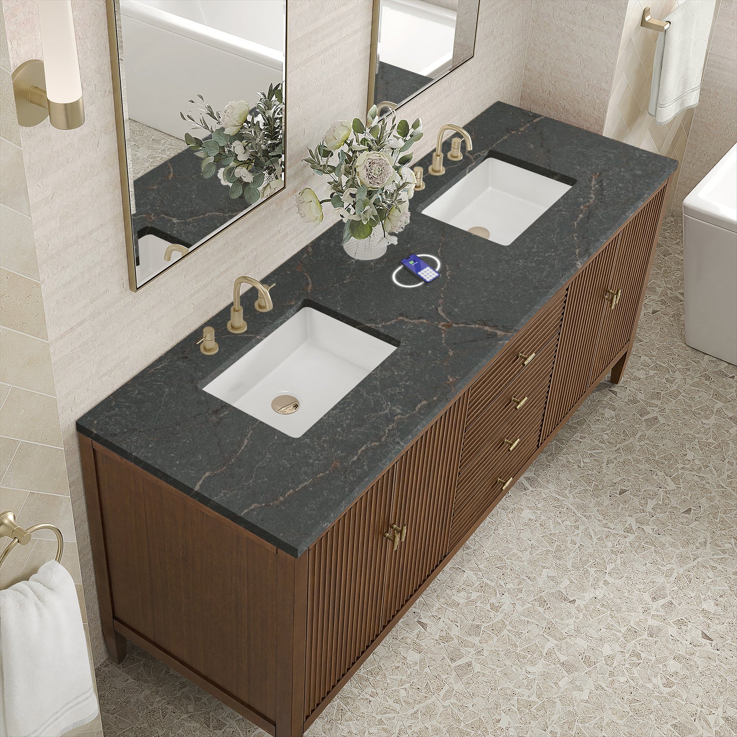 James Martin Myrrin 72" Double Vanity with 3 CM Countertop & FreePower Wireless Charger