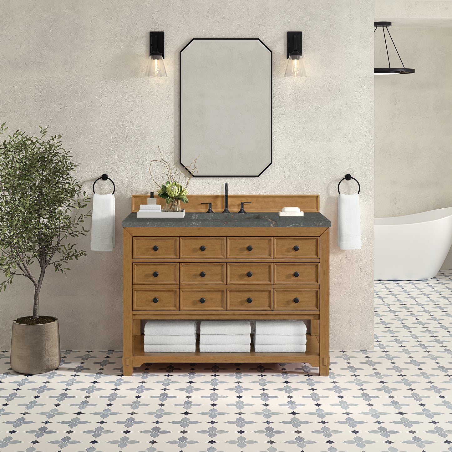 James Martin Malibu 48" Single Vanity, Amber Birch with 3 CM Countertop & FreePower Wireless Charger