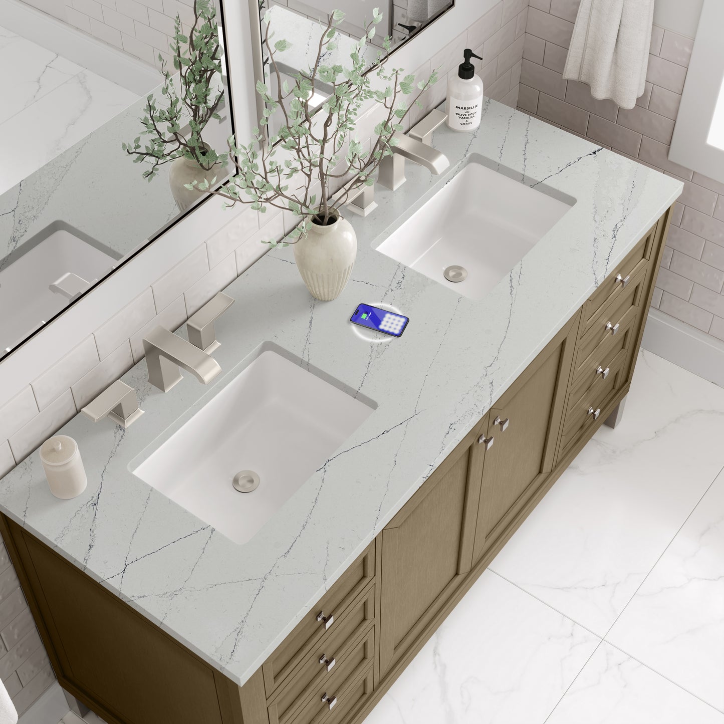 James Martin Chicago 60" Double Vanity with 3 CM Countertop & FreePower Wireless Charger