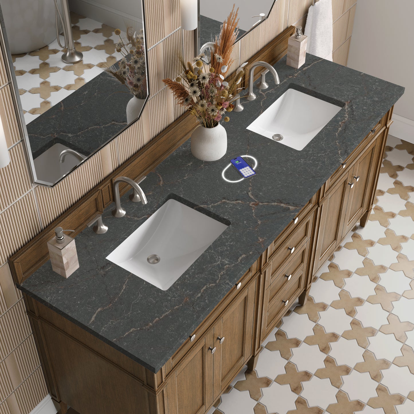 James Martin Brittany 72" Double Vanity with 3 CM Countertop & FreePower Wireless Charger