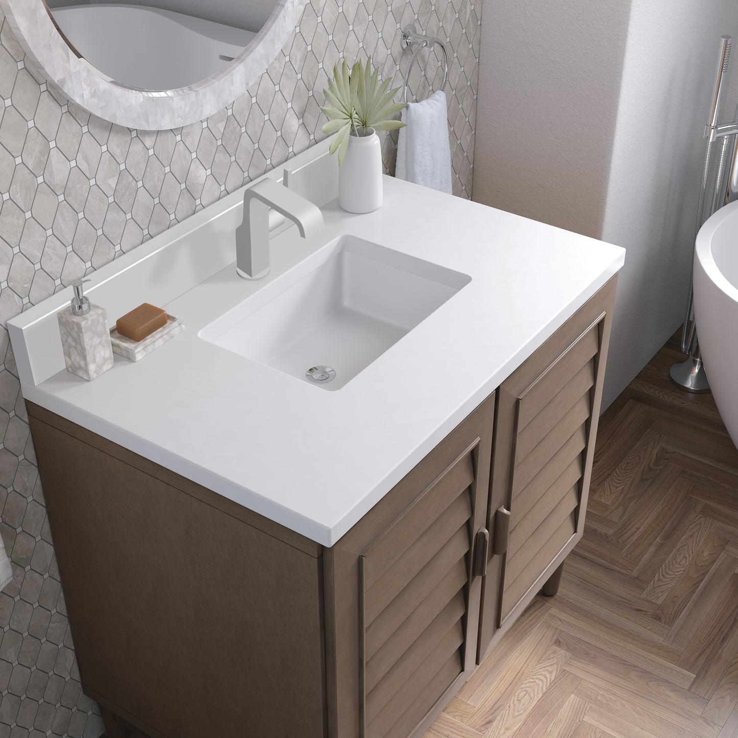 James Martin Portland 36" Single Vanity Whitewashed Walnut with Single Hole 3 CM White Zeus Silestone Top & Backsplash