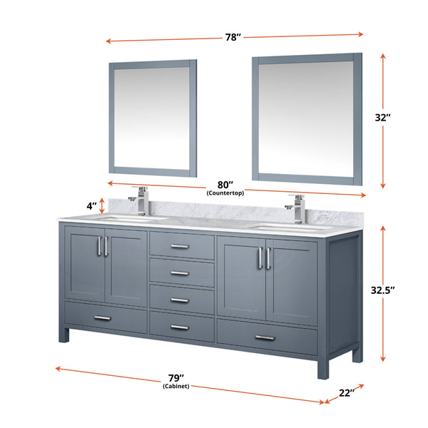 Lexora Collection Jacques 80 inch Double Bath Vanity, Top, Faucet Set, and 30 inch Mirrors - Luxe Bathroom Vanities