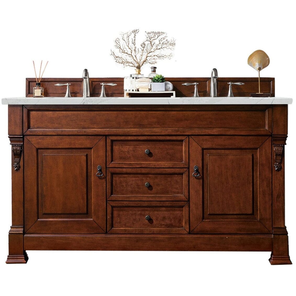 James Martin Brookfield 60" Double Vanity Vanities James Martin Warm Cherry w/ 3 CM Ethereal Noctis Quartz Top 