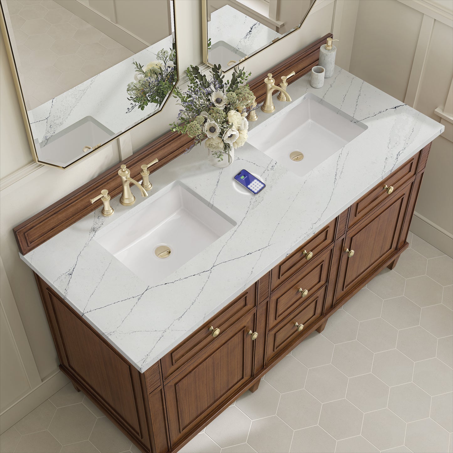 James Martin Lorelai 60" Double Vanity with 3 CM Countertop & FreePower Wireless Charger