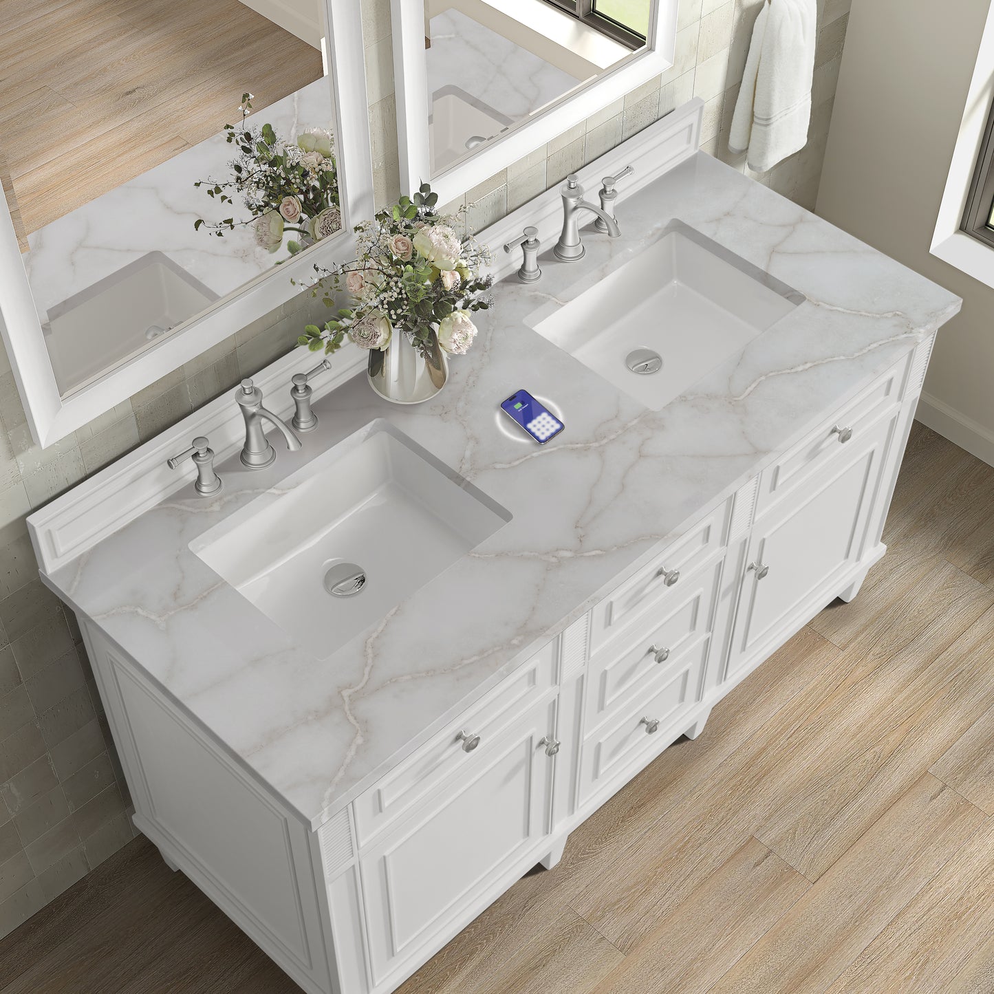 James Martin Lorelai 60" Double Vanity with 3 CM Countertop & FreePower Wireless Charger