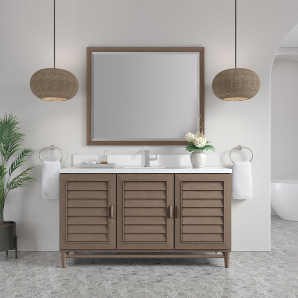 James Martin Portland 60" Single Vanity Whitewashed Walnut with Single Hole 3 CM White Zeus Silestone Top & Backsplash