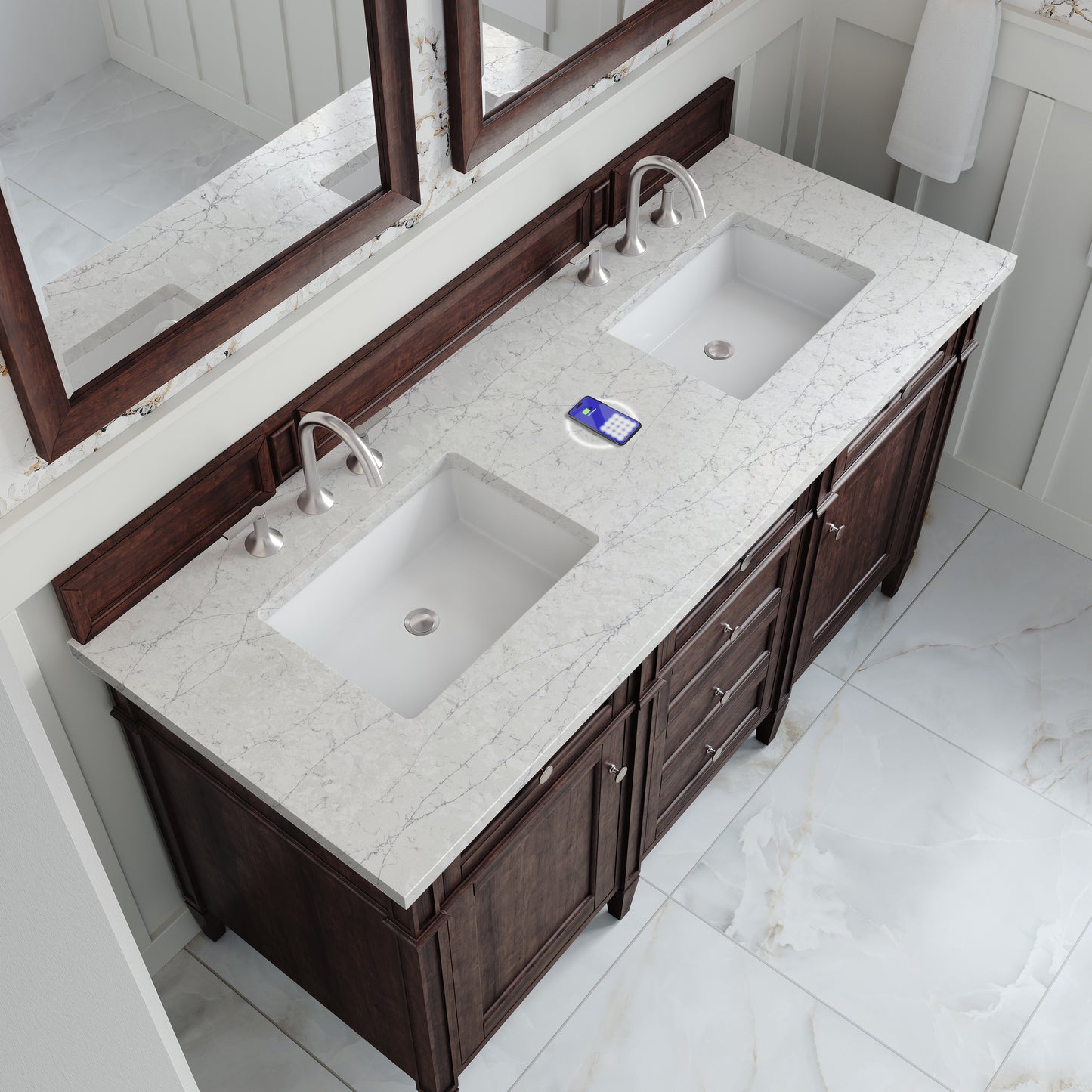 James Martin Brittany 60" Double Vanity with 3 CM Countertop & FreePower Wireless Charger