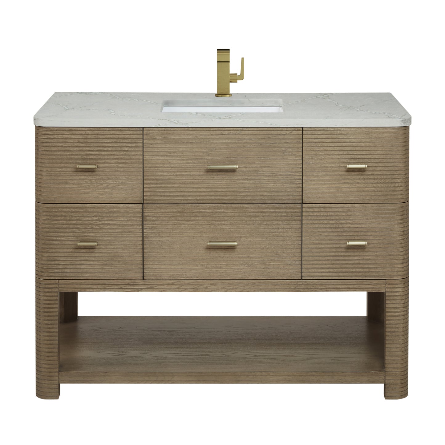 James Martin Lucian 48" Single Vanity, Pebble Oak w/ 3 CM Top - Luxe Bathroom Vanities